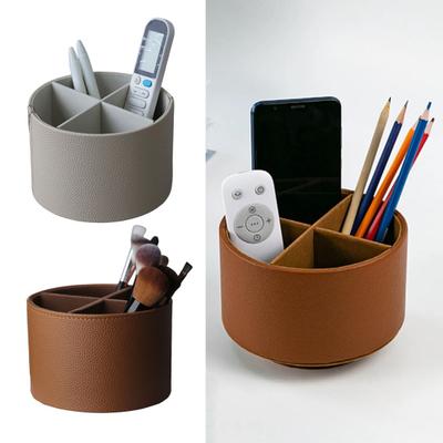 Rotating Pencil Holder Round Faux Leather Pen Organizer with 4 Slots Multifunctional Desk Accessories Organizer for Office Classroom Home Supplies