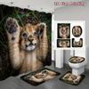 4Pcs Lion Cub Shower Curtain Set with Non-Slip Bath Mat, Toilet Lid Cover, Contour Rug & 12 Hooks, Bathroom Decor