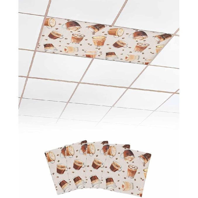 Coffee Themed Fluorescent Light Covers for Ceiling Lights 4x2 feet,4 Pack Magnetic Light Filters for Classroom,Coffee Beans Cappuccino Rustic