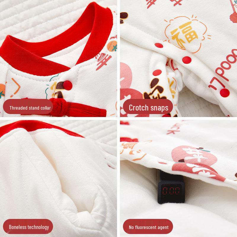 Czerwony bawełniany pajacyk dla niemowląt na Chiński Nowy Rok – Ciepły zimowy kombinezon do raczkowania dla noworodków