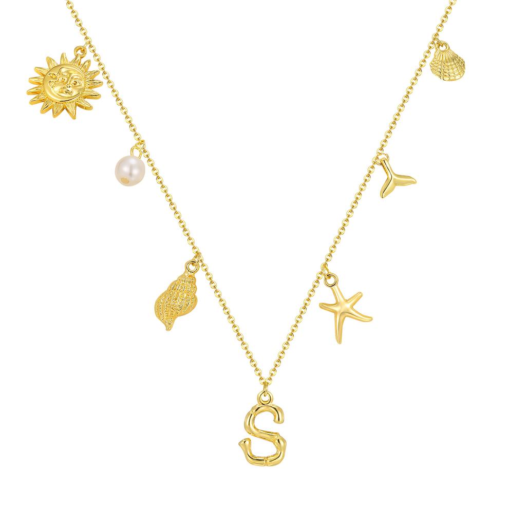 Initial Charms Necklace for Women, Boho Seashell Starfish Beach Letter A-Z Pendant, Summer Beach Vacation Jewelry