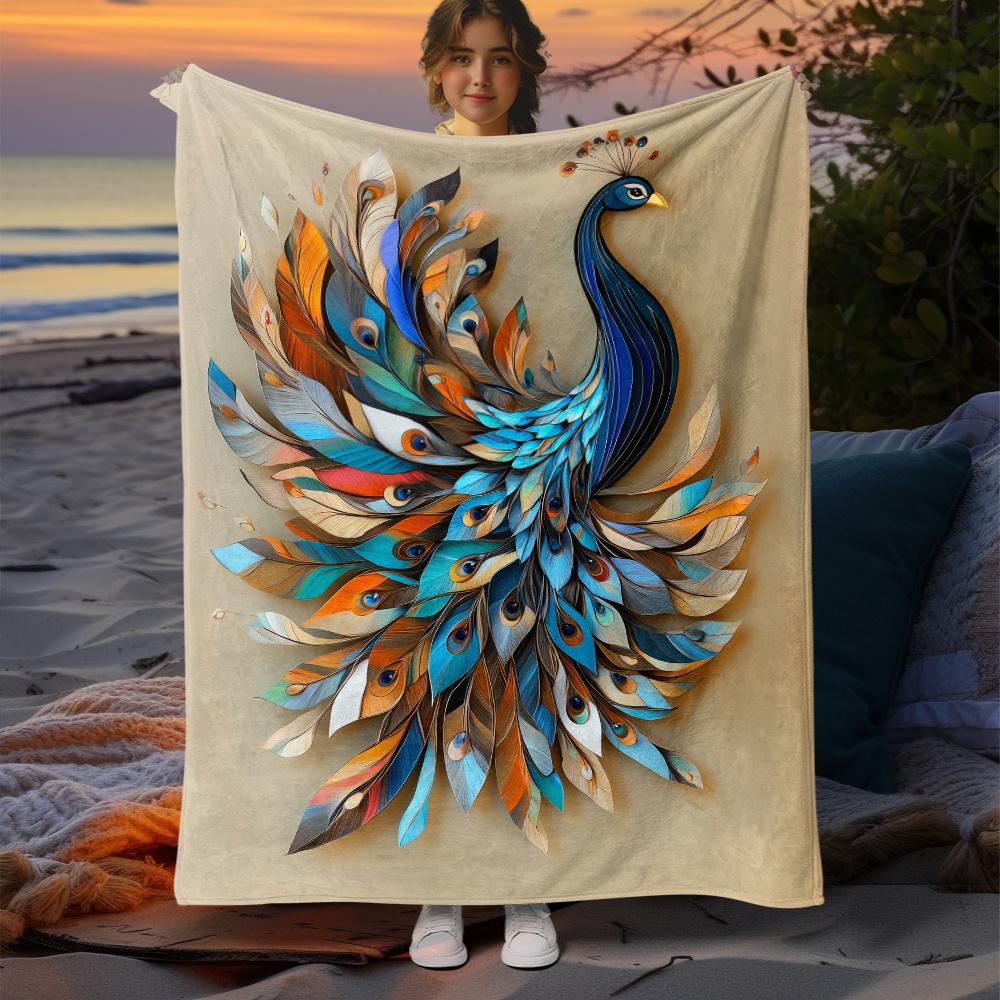 Peacock HD Print Flannel Blanket Soft Durable All Season Throw for Sofa Bed Travel Camping Machine Washable