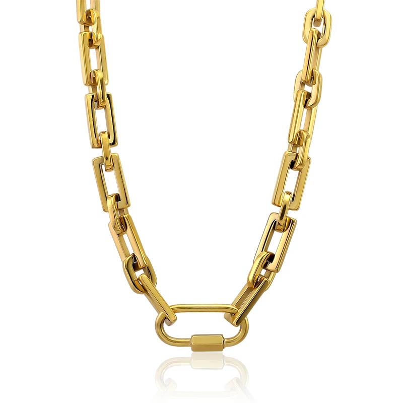 Trendy Style Gold Color Stainless Steel Thick Rectangular Link Chains Necklace for Women Men Carabiner Pendant Chunky Necklace