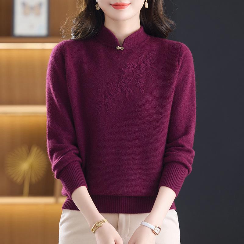 High-End Qipao Collar Women's Wool Sweater - Autumn/Winter Fashionable, Loose, Double-Strand for Mothers