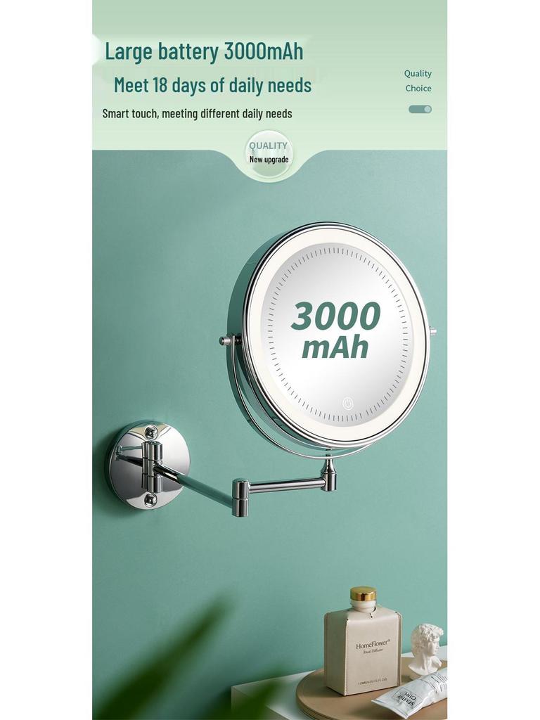 8" Wall-Mounted Folding LED Vanity Mirror - Double-Sided, Lighted, Magnifying for Bathroom Makeup