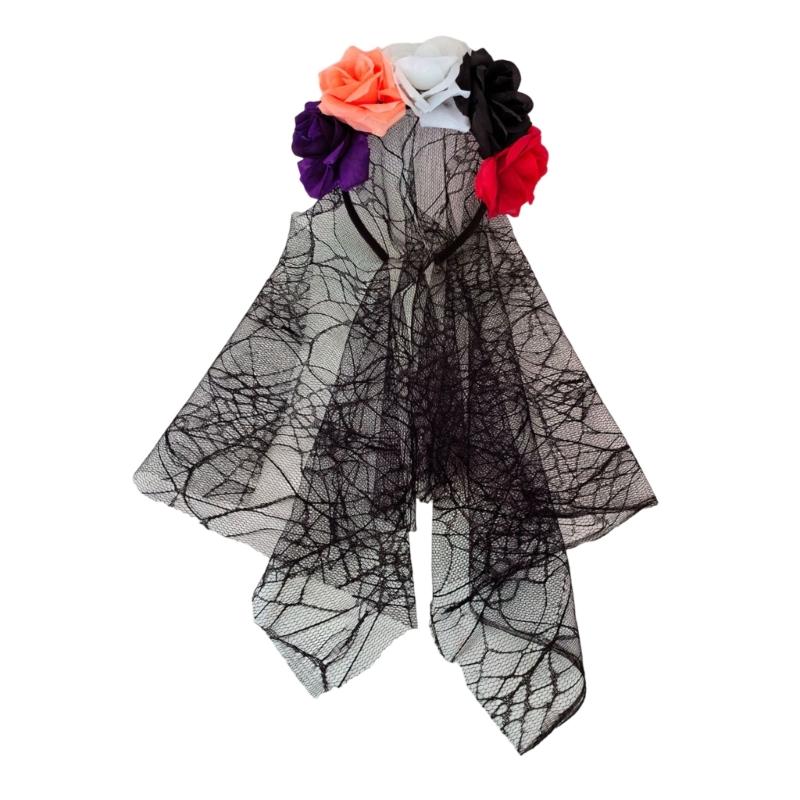 1PCS Black Veil Halloween Rose Flower Headband Costume Cosplay Wedding Mexican Rose Flower Crown Headband Day of The Dead Party