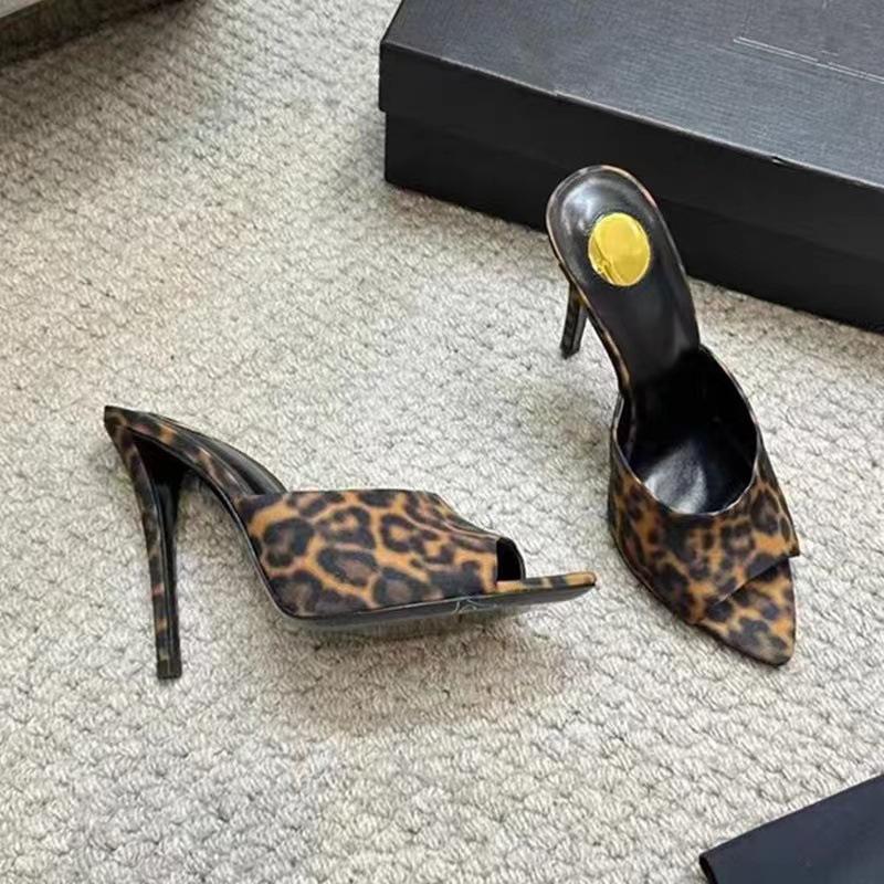 

Fashion Spring/Summer 2025 Leopard Print Pointed-Toe High Heels, Women S Thin Heels, Open-Toe Fish-Mouth Sandals, Muller Slippers 35 цветной печати леопарда