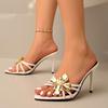Fashion Metal Flower Decoration Narrow Band Slides Women Summer Pointed Toe Super High Heel Sandals Gold Party Dress Sandals