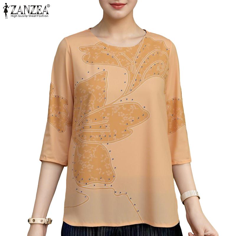ZANZEA Women Casual Round Neck Loose 3/4 Sleeve Print Blouse