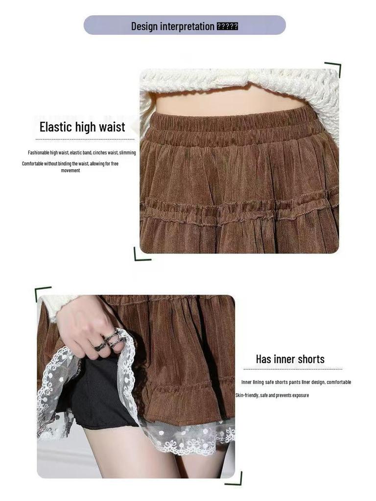 Lace-Trimmed A-Line Flare Skirt for Women - High Waist, Slimming, Sweet Style for Autumn/Winter 2025