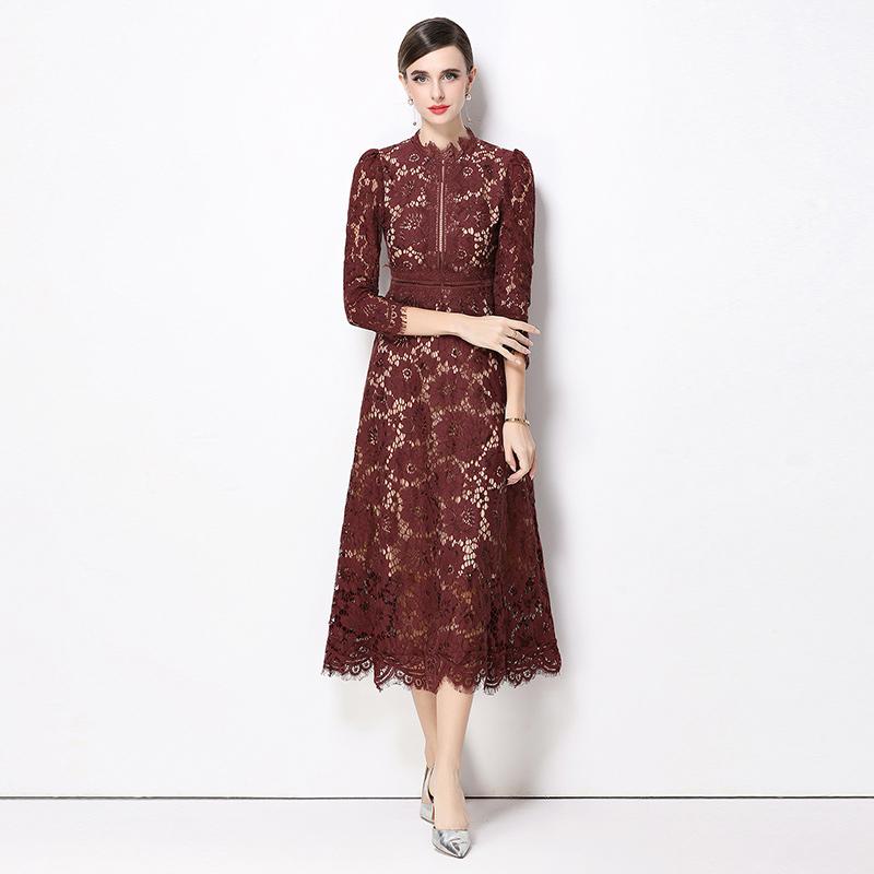 Vestidos Midi de Festa Femininos Vintage de Manga Comprida Vazados em Renda para Primavera Outono