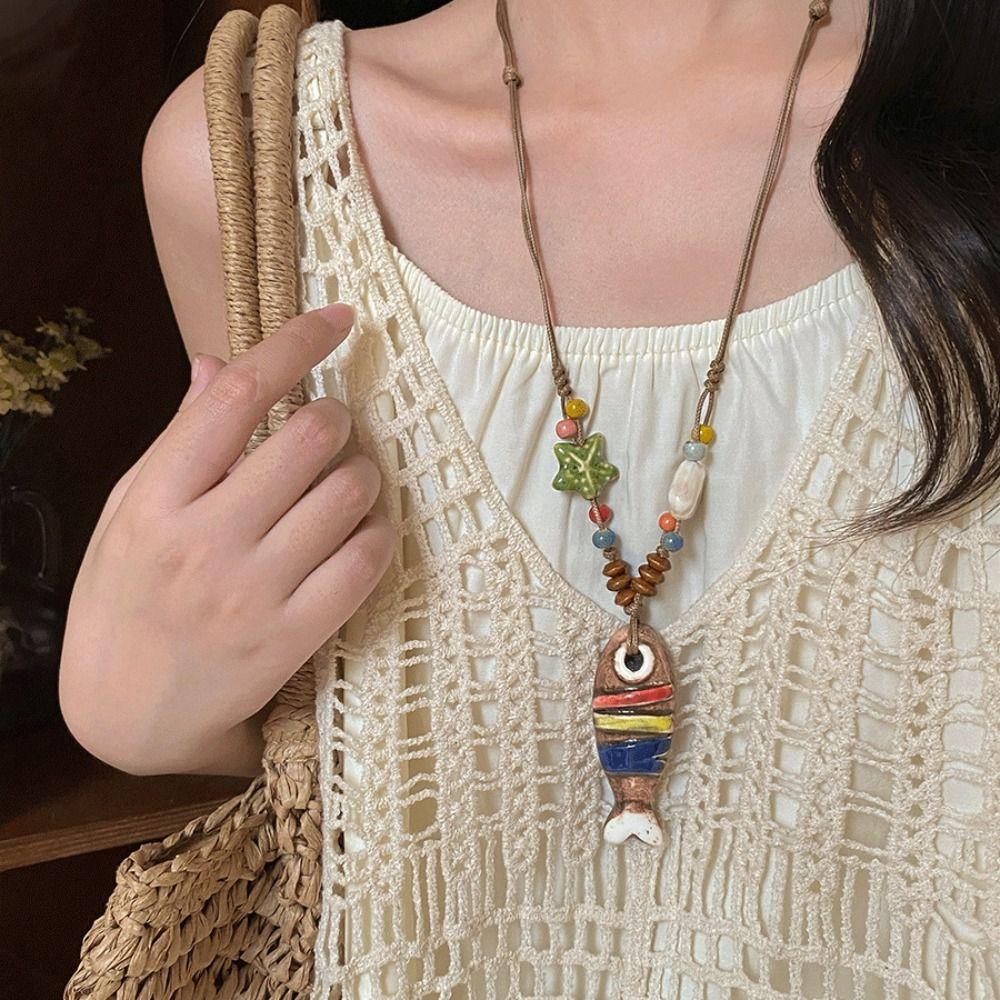Tassel Ethnic Style Necklace Wood Bohemian Style Choker Antique Long Sweater Chain  Decoration