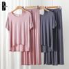 Damen Übergröße Freizeit-Pyjama-Set: Modal Rundhals Kurzarm Oberteil & Weitbeinige Hose
