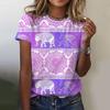 Female ethnic elephant 3D printed T-shirt, retro animal printed T-shirt, round neck casual summer T-shirt, loose short sleeved T-shirt