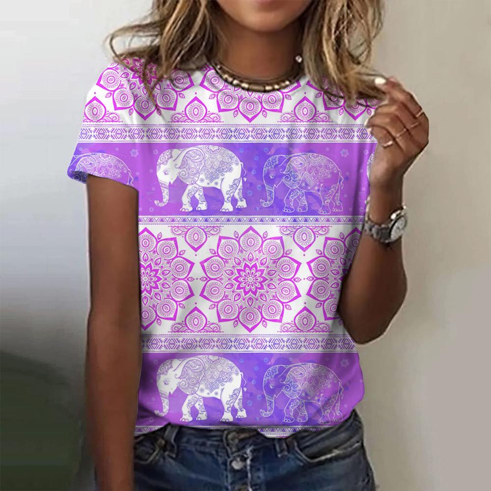 Female ethnic elephant 3D printed T-shirt, retro animal printed T-shirt, round neck casual summer T-shirt, loose short sleeved T-shirt