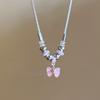 Temperament Pink Bow Beaded Necklace Light Luxury Niche Design High Sense Sweet Cool Wind Collarbone Chain Tide Accessories Women