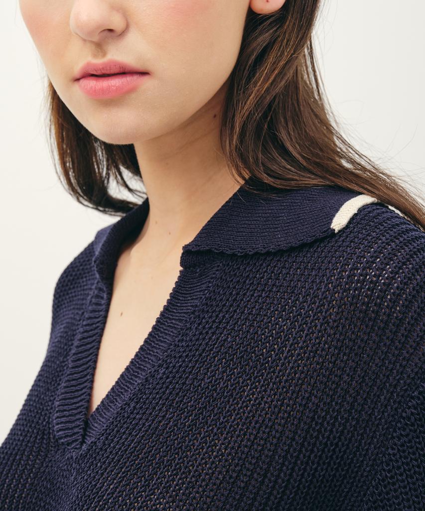 JUN BY JUN K V-Neck Collared Cotton Knit Top_Navy