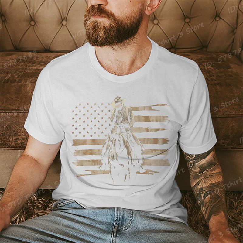Cowboy with American Flag Pattern Print T Shirt Tees for Men Casual Short Sleeve TShirt for Summer Vintage Graphic Tshirts