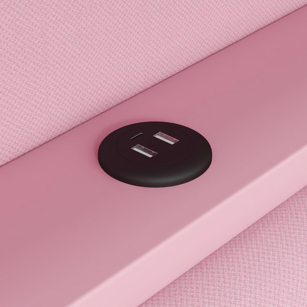 Divano Letto Imbottito 90x200 con Porte USB e Striscia LED, con Scrivania e 2 Cassetti, Rosa
