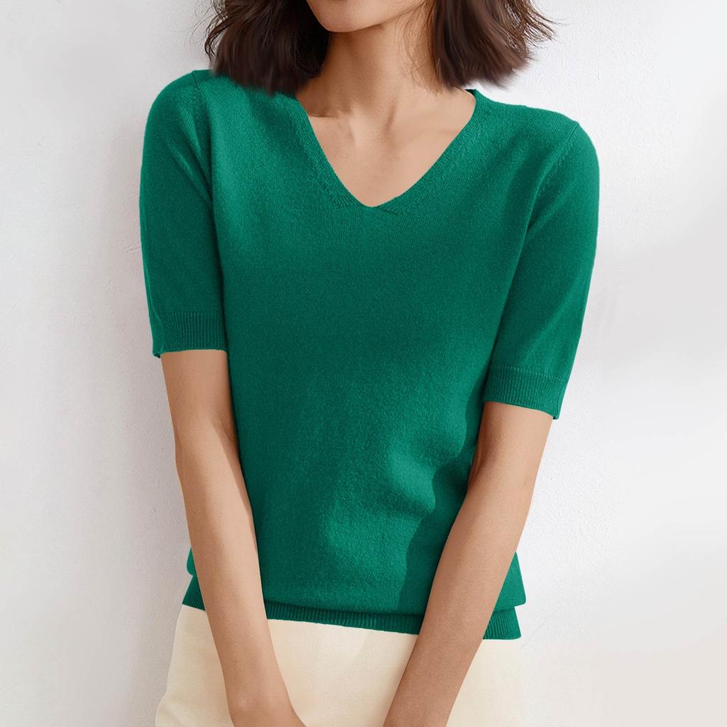 Women's Sweater T-Shirt Short Sleeve Knitted Tops Pullover V-Neck Sweater Lightweight Casual Color Sweater Elegant Spring Summer Tops