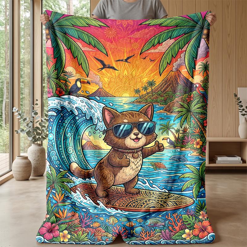 Surfing Cat Adventure 2 Theme blanket Lightweight Warm Flannel Blanket Decorative Throw Blanket for Home Decoration