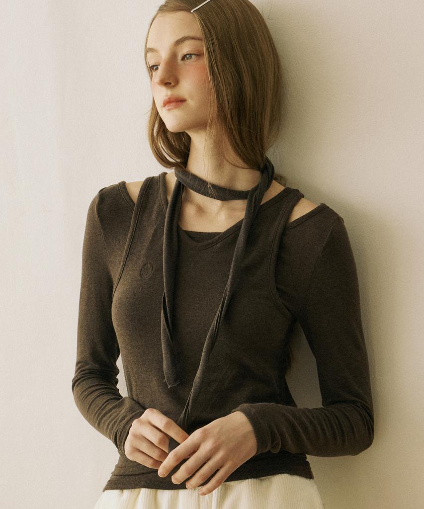 OURHOPE Wool Scarf Layered Long Sleeve - Brown