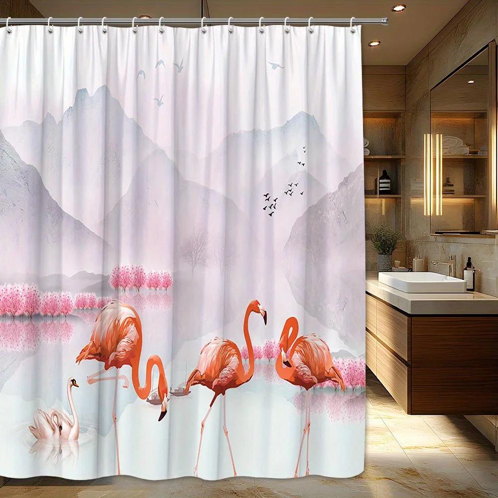 

1Pc Of A Shower Curtain Featuring Serene Flamingos, Swans, And Cherry Blossoms By Misty Mountains, Designed To Be Tranquil And W60H190(CM)-1 Pcs