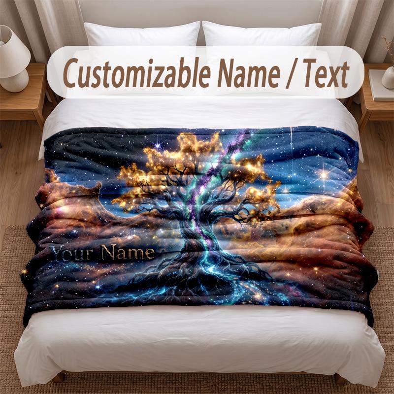 Tree of Life Theme Soft Blanket Personalized Custom Name Text Print Warm Blanket Home Sofa Bedroom Decor