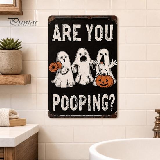 Distressed Metal Signage Retro Halloween Wall Sign, Pumpkin Ghost Bathroom American Style Decor Art Witch Cat Festival Sign for Bar Home Room