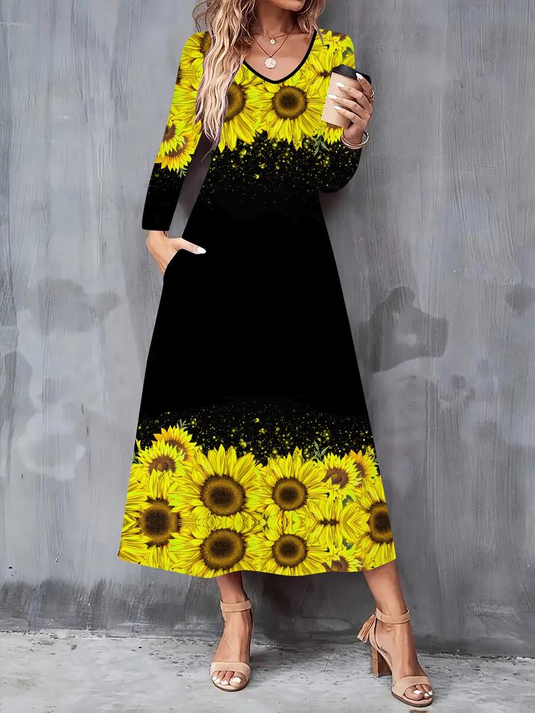 Outono e Inverno 2025 Novo Vestido Casual Feminino da Moda Estampa de Borboletas Voadoras 3D Manga Longa Decote em V Vestidos A-Line