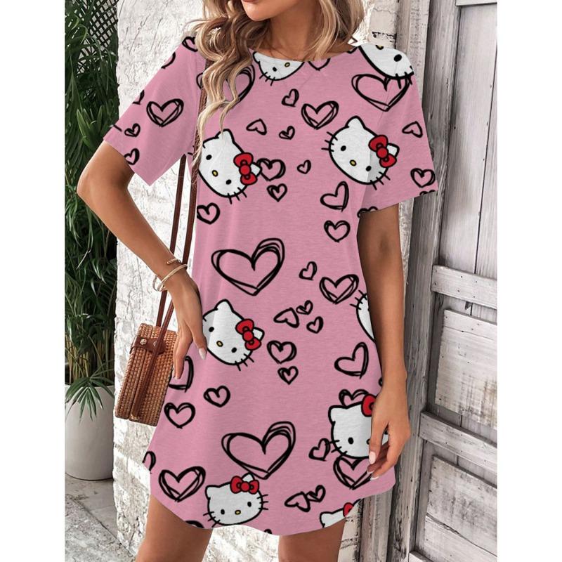 Mini Sukienka Elegancka Sukienka Damska Hello Kitty Okrągły Dekolt Krótki Rękaw Modna Lato 2025 Moda Seksowna