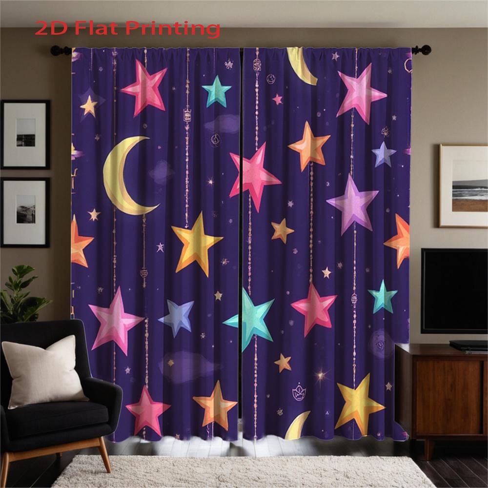 Flat Printing Curtains Colorful Stars Moons Night Sky Pattern Style Polyester Fabric Home Curtain Set Of 2 Made With Rod Pocket Washable