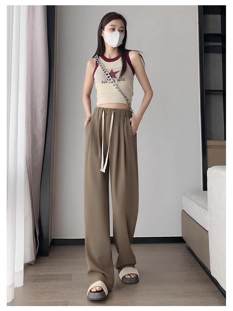 Plus Size Coffee Ice Silk Suit Pants - Women's Summer Elastic Waist Chiffon Wide Leg Petite Pants