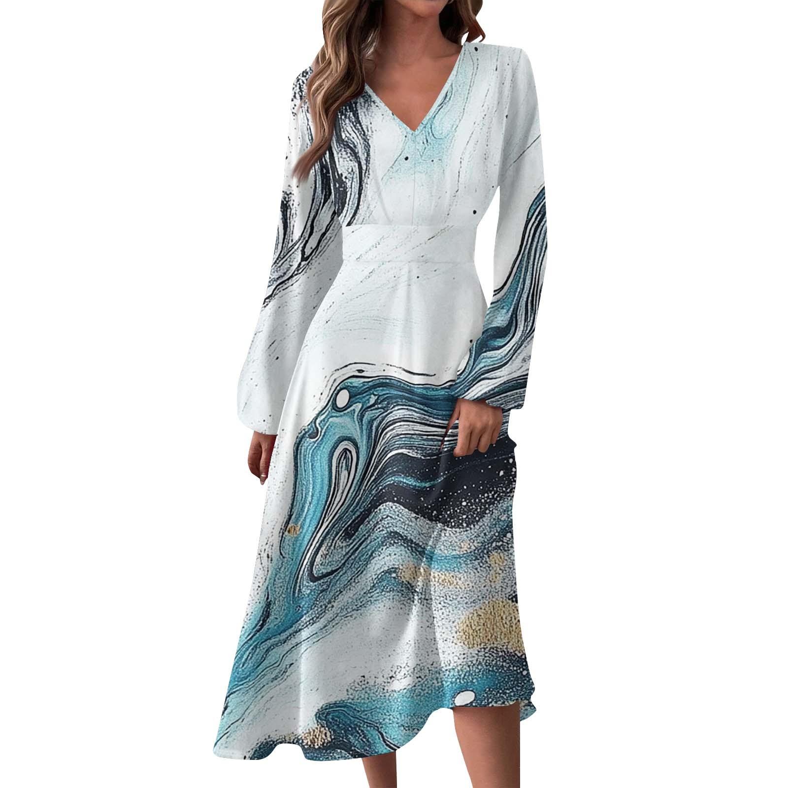 

Женское осенне-зимнее повседневное модное длинное платье с V-образным вырезом и длинными рукавами в полоску, подходящее для повседневной жизни и вечеринок L синий