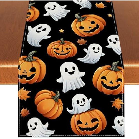 Halloween Ghost Pumpkin Table Runner,Halloween Dinner Table Runner Decorations and Supplies for Home Kitchen Dining Room Table-13×72''