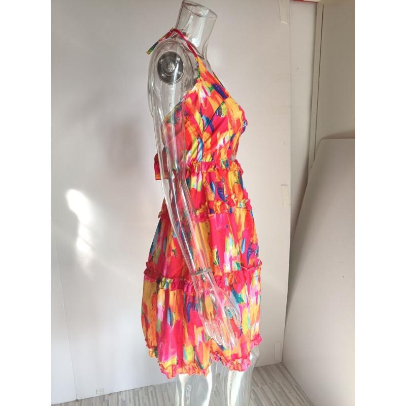 Summer Hollow Strap V-neck Temperament Hanging Neck Printed Halter Dress for Women