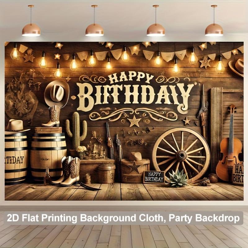 Western Cowboy Birthday Tapestry, Rustic Cactus And Wagon Wheel Design With Happy Birthday Sign,Wall Decor For Party And Home 70X100cm