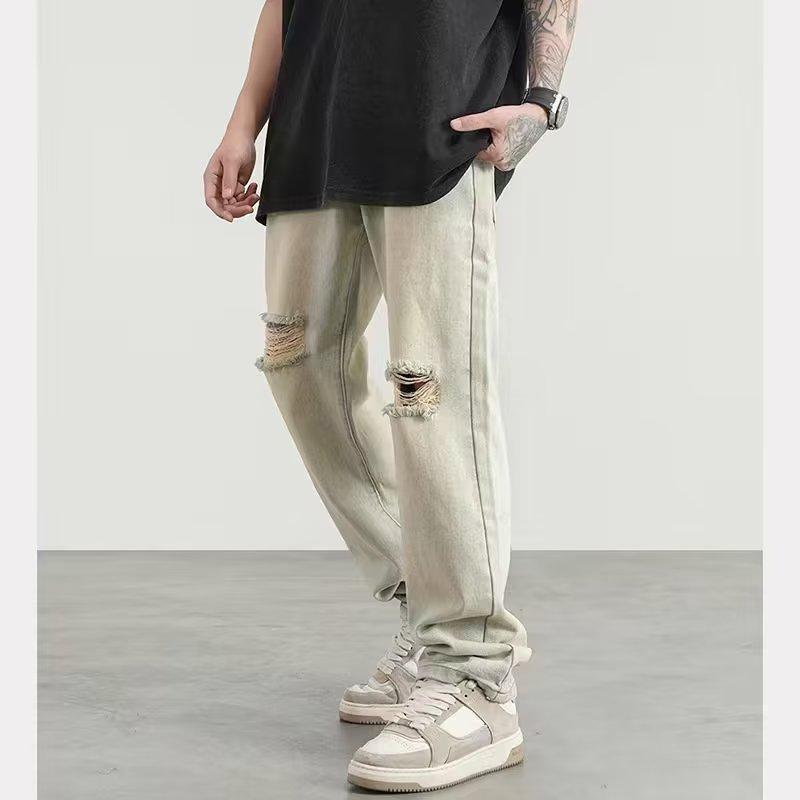 Mens Ripped Jeans Streetwear Hip Hop Style Slim Fit Denim Pants Fall Youth