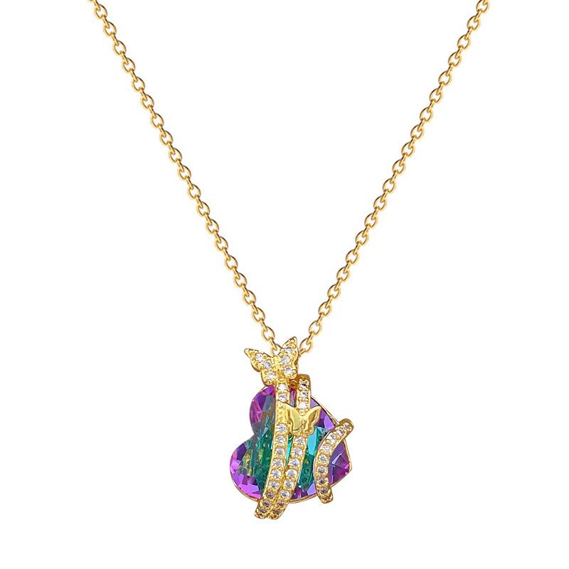 Buntes Herz-zu-Herz Licht Luxus Temperament Wunderschöne Voll Diamant Halskette Damen Vielseitige Schlüsselbeinkette Titanstahlkette