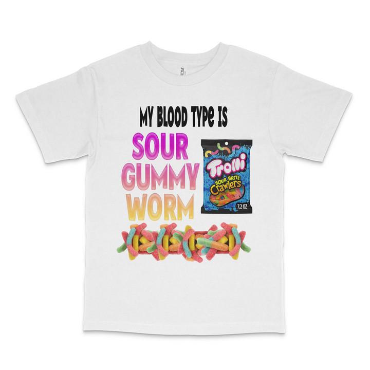 My Blood Type Is Sour Gummy Worms Printed T-Shirt S-4XL S