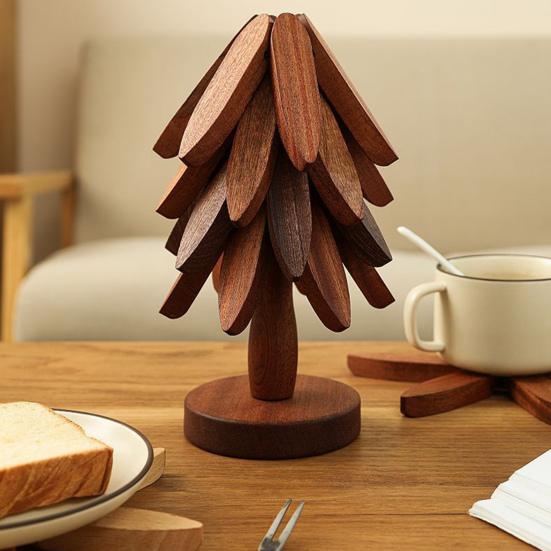 Yousheng Christmas Tree Trivet Set Wooden Coasters with Stand Heat-Resistant Pot Holders Festive Table Protector for Hot Dishes
