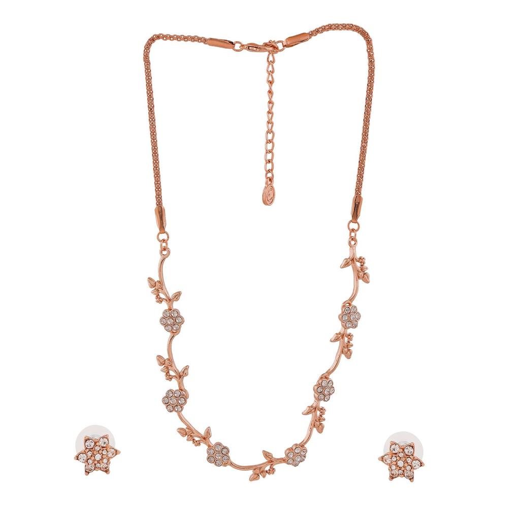 Estele Rose Gold Flower Crystal Designer Necklace Set For Women