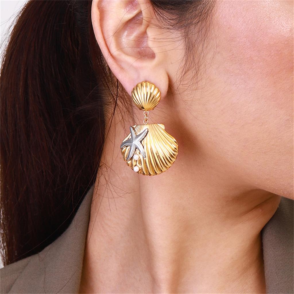  Ocean Starfish Shell Pendant Earrings for Women Stainless Steel Waterproof Summer Jewelry Gift Accessories