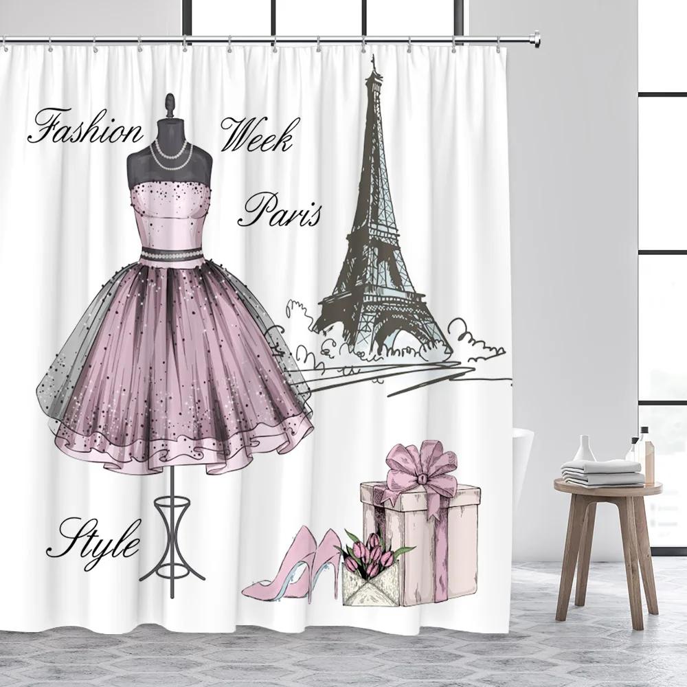 Vintage Paris Tower Shower Curtain Pink Floral Romantic Lovers City Street Scenery Modern Fashion Bathroom Curtains Fabric Decor
