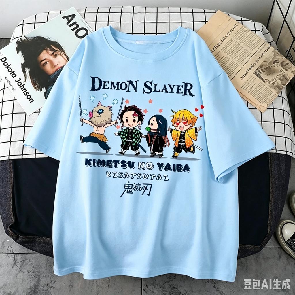 Plus Size Demon Slayer Summer Anime Printed Men, Women T-shirt Casual Parent Child Top Fashion Street Wear Harajuku Style Y2K