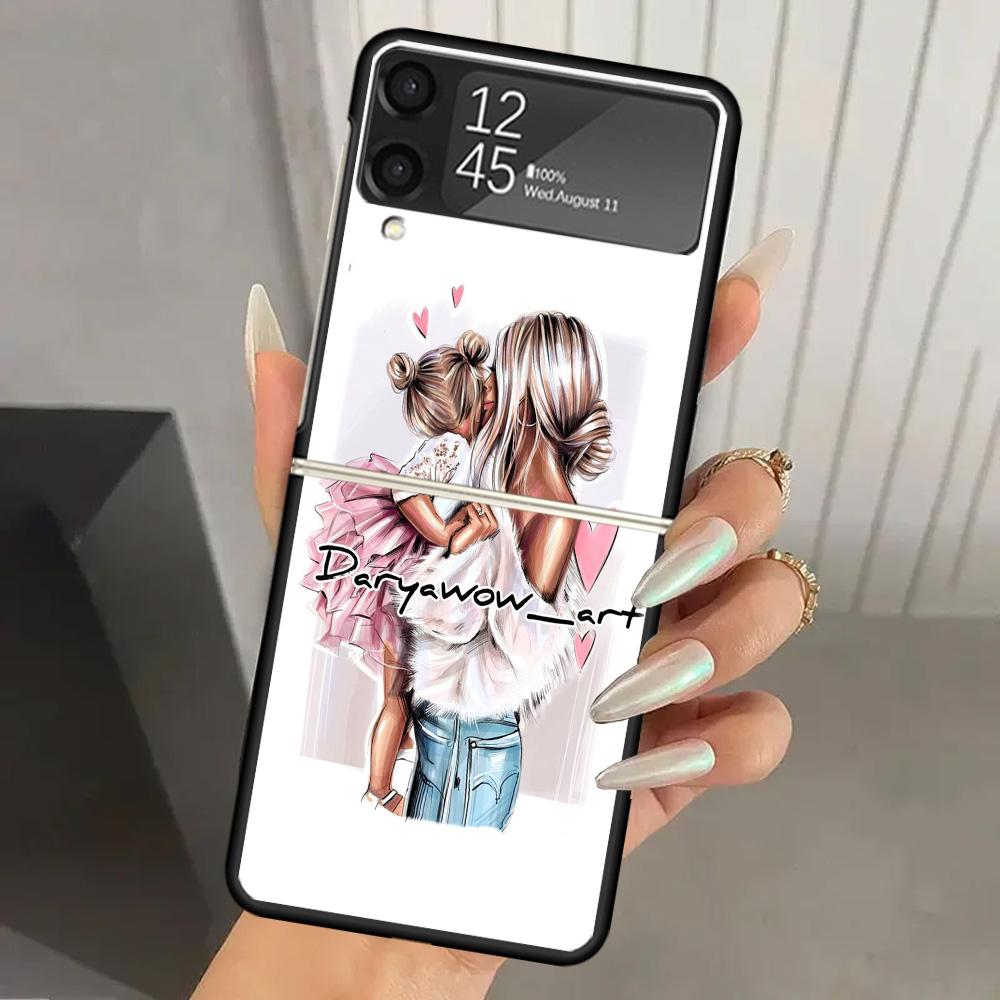 Mom Baby Girls Hard PC Phone Case For Samsung Galaxy Z Flip 6 5 4 3 Black Cover ZFlip6 Flip5 Flip4 5G Foldable Print Cases