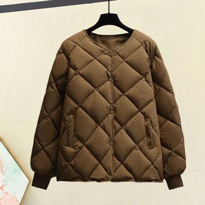 Women Winter Down Coat Rhombus Texture Stitching Thick Padded Pockets Long Sleeves Solid Color Single-breasted Elastic