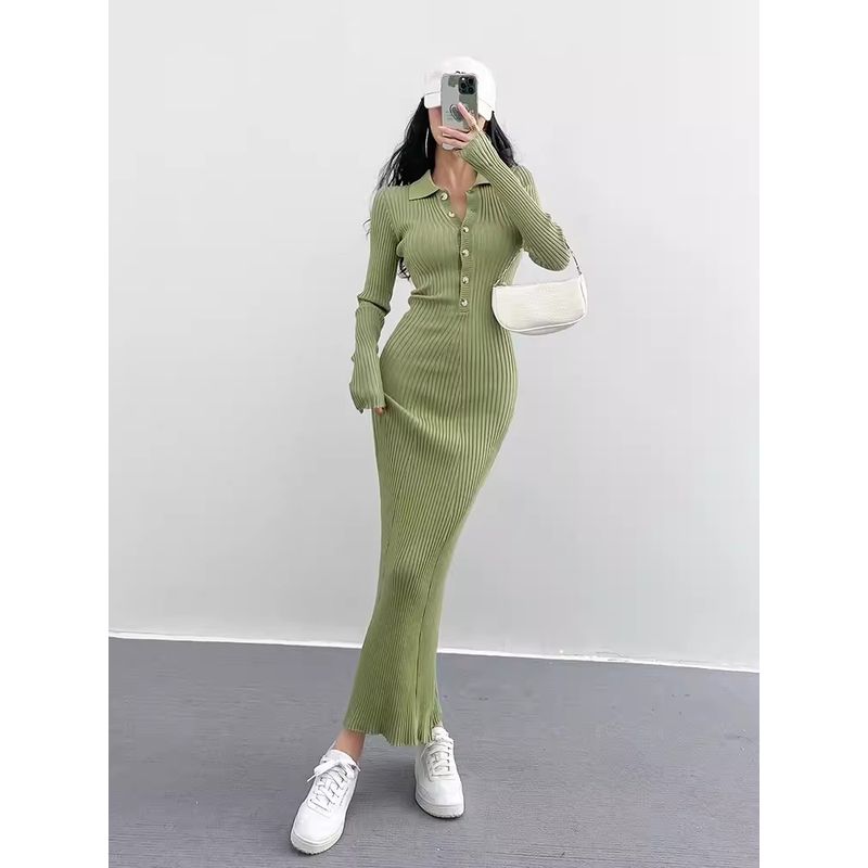 

European and American Knitted dress Women s Long-Sleeved Spring and Autumn Small Slim fit Sweater Inner wear Fishtail Baby MoM Hip Skirt Green (high quality version) S