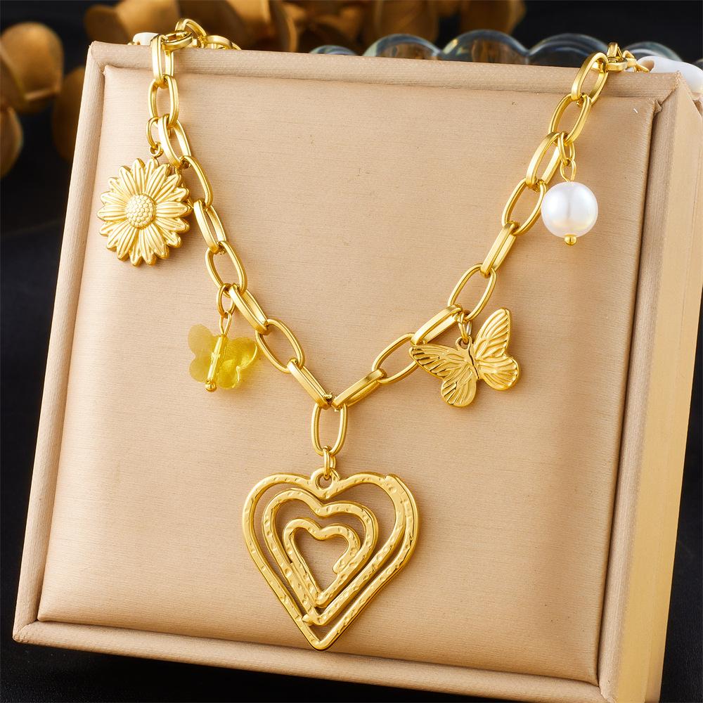 Women's Sporty Cross Border Fashion Spiral Elliptical Heart Shaped Large Pendant Sweater Chain Crystal Butterfly Flower Necklace