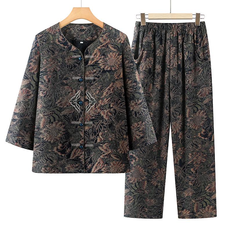 

Grandma Style Two-Piece Set: Three-Quarter Sleeve Top & Pants for Elderly Women XL (80-100 jin) зелений